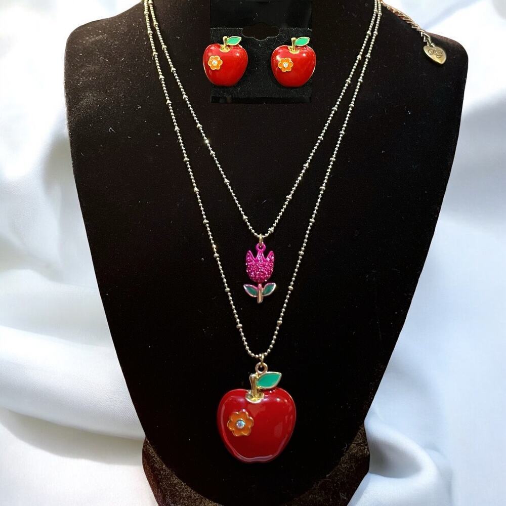 Betsey Johnson Apple and Tulip Layered Necklace and Earring Set